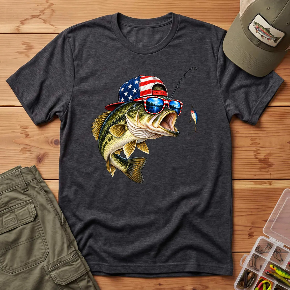 American Flag Bass Fishing T-Shirt in Dark Heather