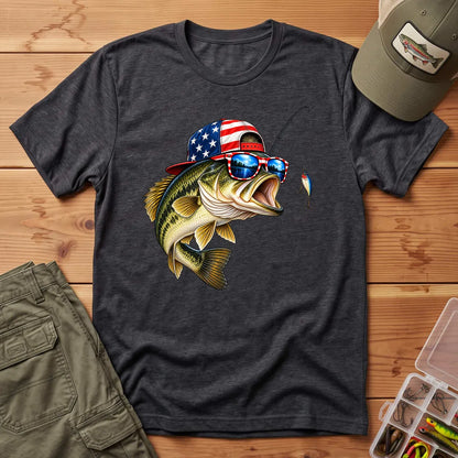 American Flag Bass Fishing T-Shirt in Dark Heather