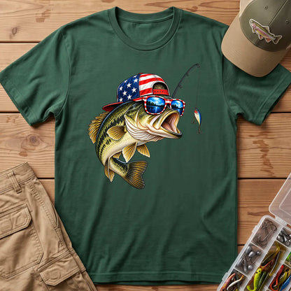 American Flag Bass Fishing T-Shirt in Forest Green