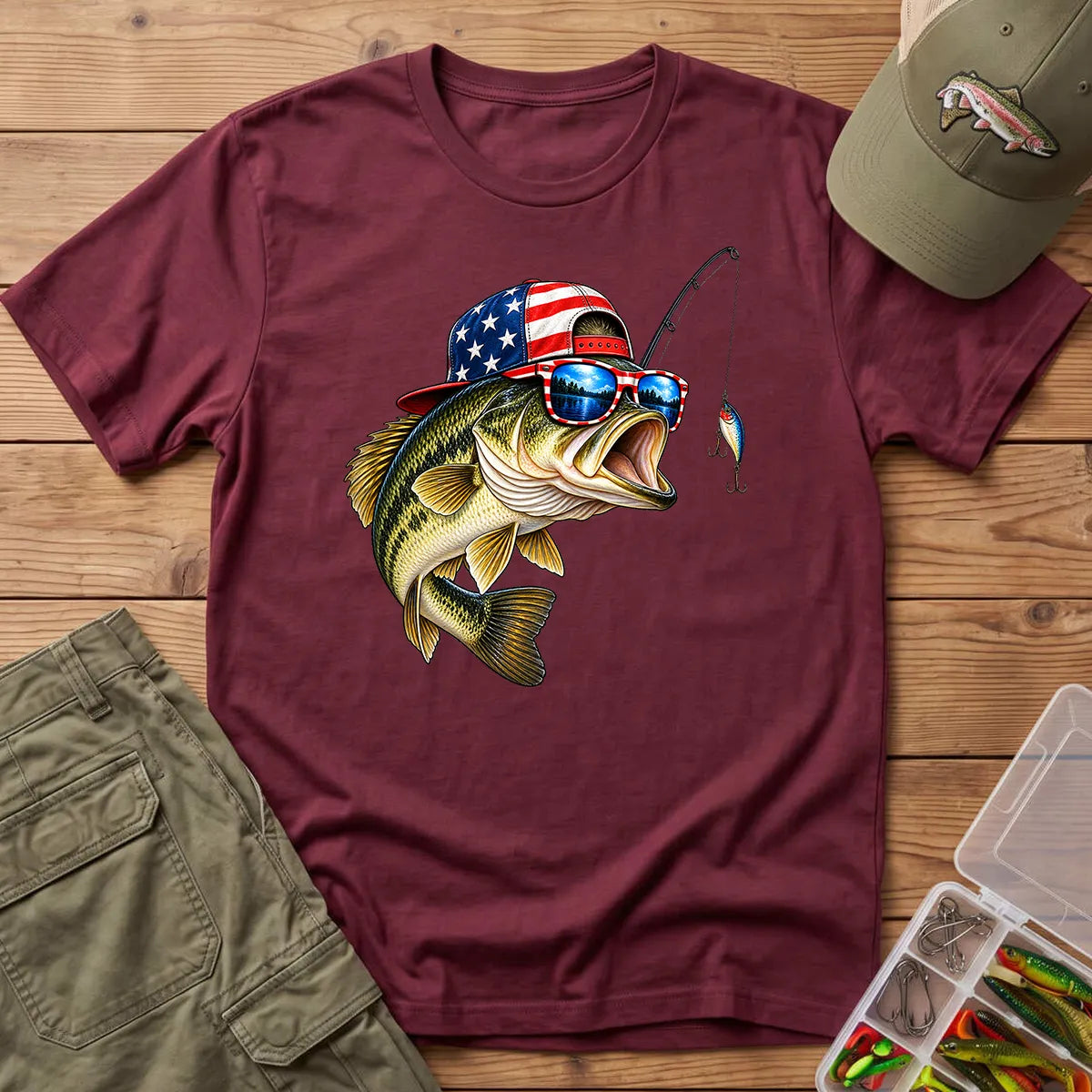 American Flag Bass Fishing T-Shirt in Maroon