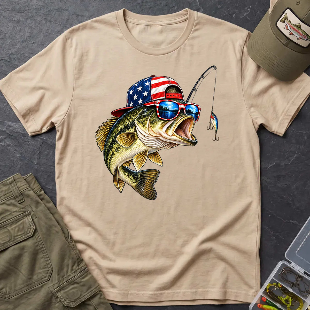 American Flag Bass Fishing T-Shirt in Sand