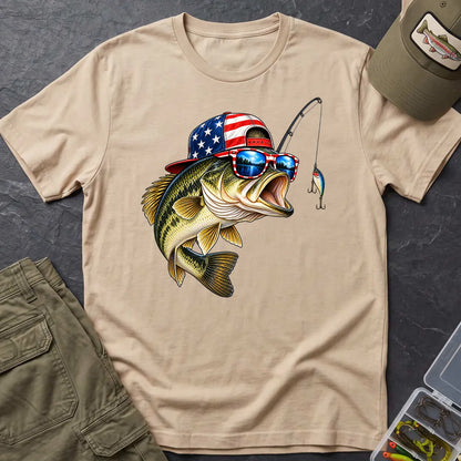 American Flag Bass Fishing T-Shirt in Sand