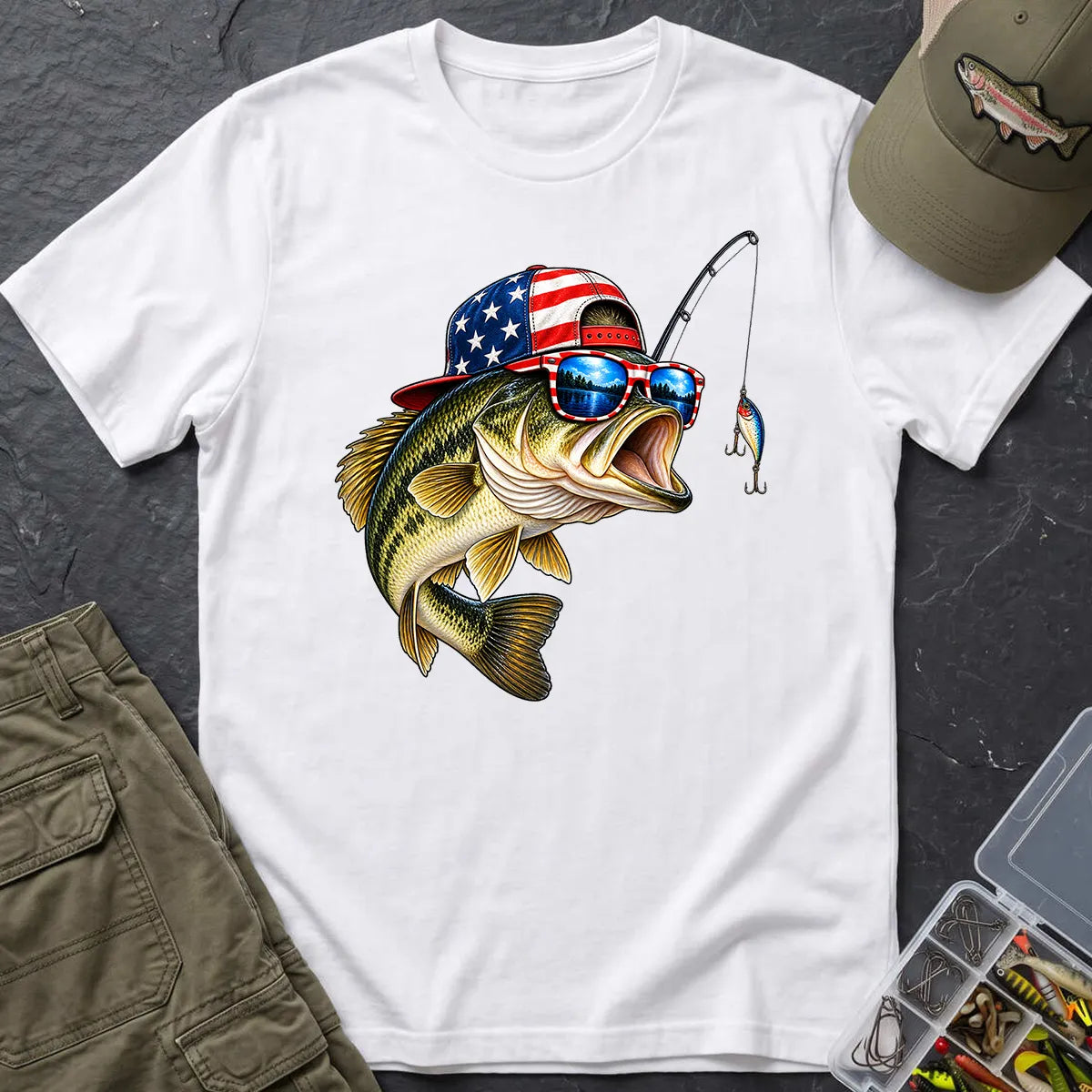 American Flag Bass Fishing T-Shirt in White