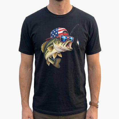 American Flag Bass Fishing T-Shirt lifestyle mockup