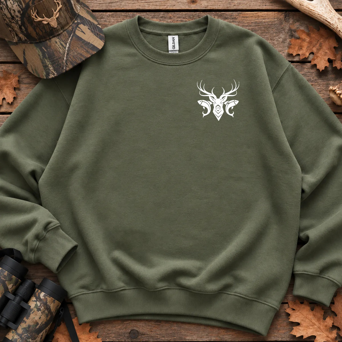 American Flag Sportsman Antlers Sweatshirt in Military Green