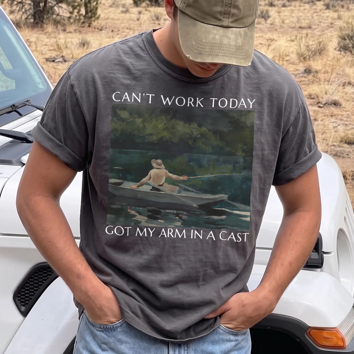 Arm in a Cast Fishing T-Shirt Men model in Pepper
