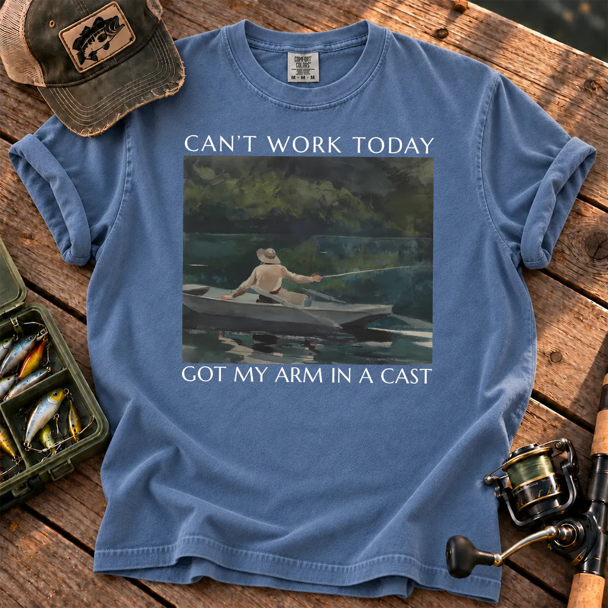 Arm in a Cast Fishing T-Shirt in Blue Jean