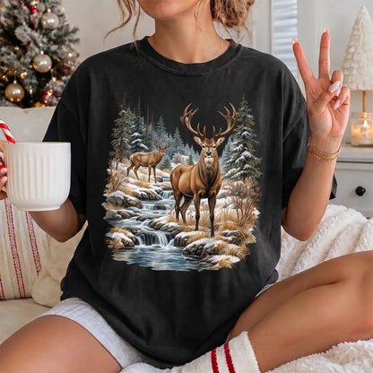 Autumn Deer Wilderness T-Shirt Women model in Black