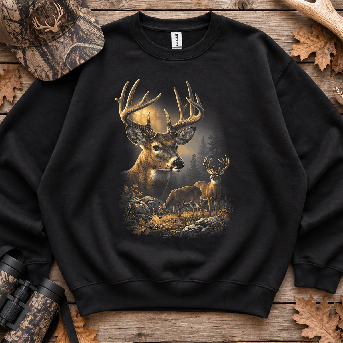Autumn Whitetail Buck Family Sweatshirt in Black