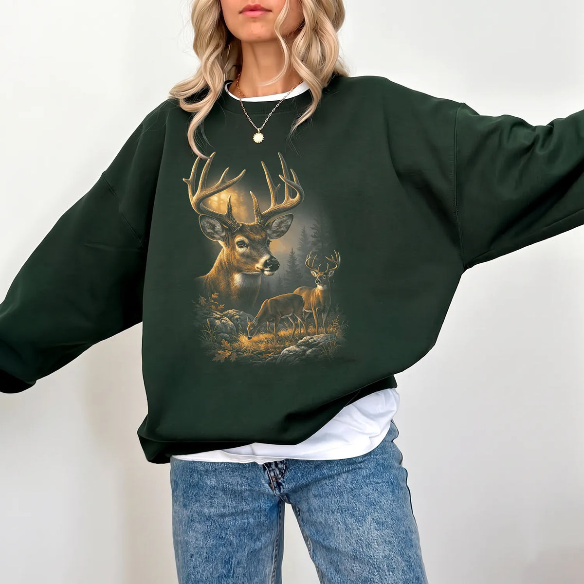 Autumn Whitetail Buck Family Sweatshirt Women model in Forest Green
