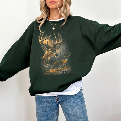Autumn Whitetail Buck Family Sweatshirt Women model in Forest Green