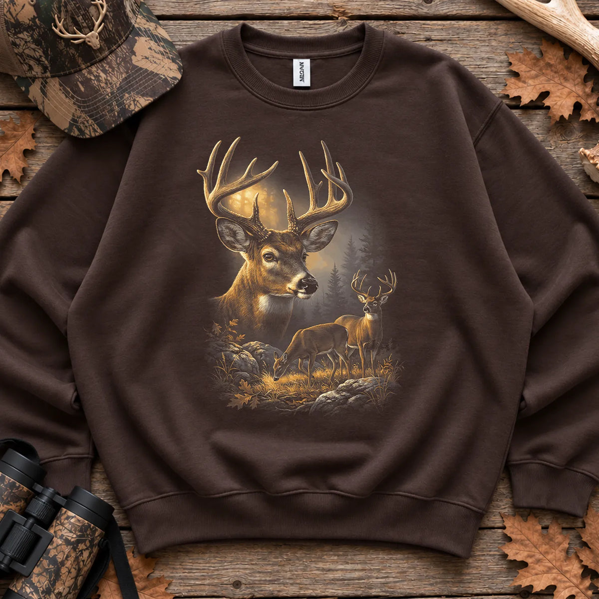 Autumn Whitetail Buck Family Sweatshirt in Dark Chocolate