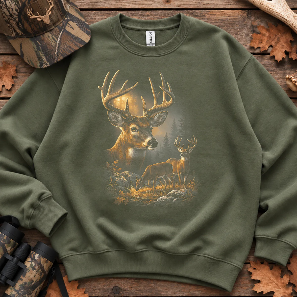 Autumn Whitetail Buck Family Sweatshirt in Military Green