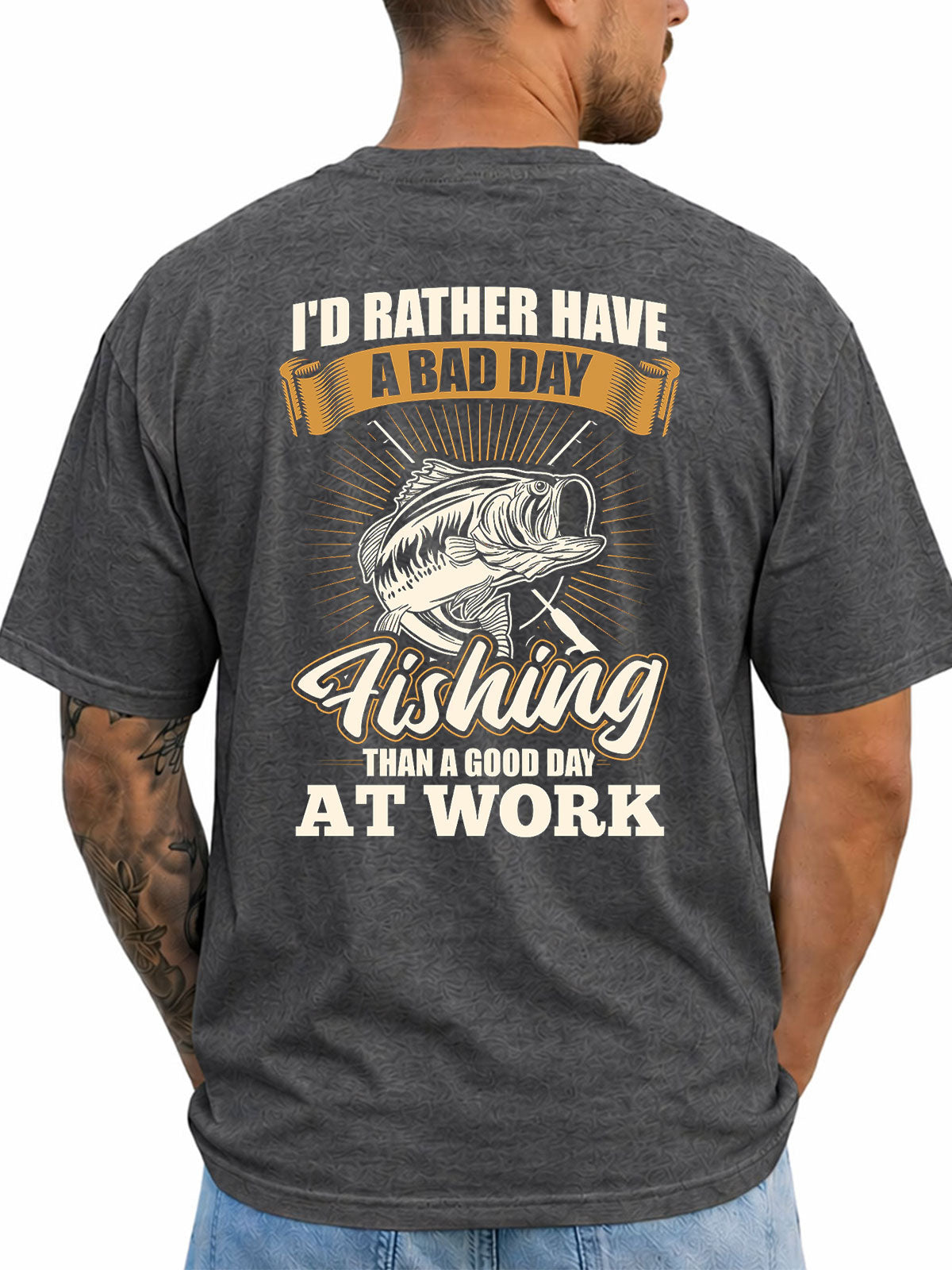 Dark Heather T-shirt back with vintage bass and bad-day-fishing work joke graphic