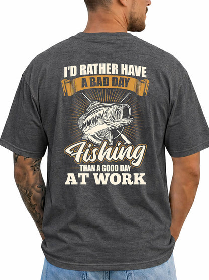 Dark Heather T-shirt back with vintage bass and bad-day-fishing work joke graphic