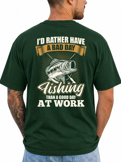 Forest Green T-shirt back with vintage bass and bad-day-fishing work joke graphic