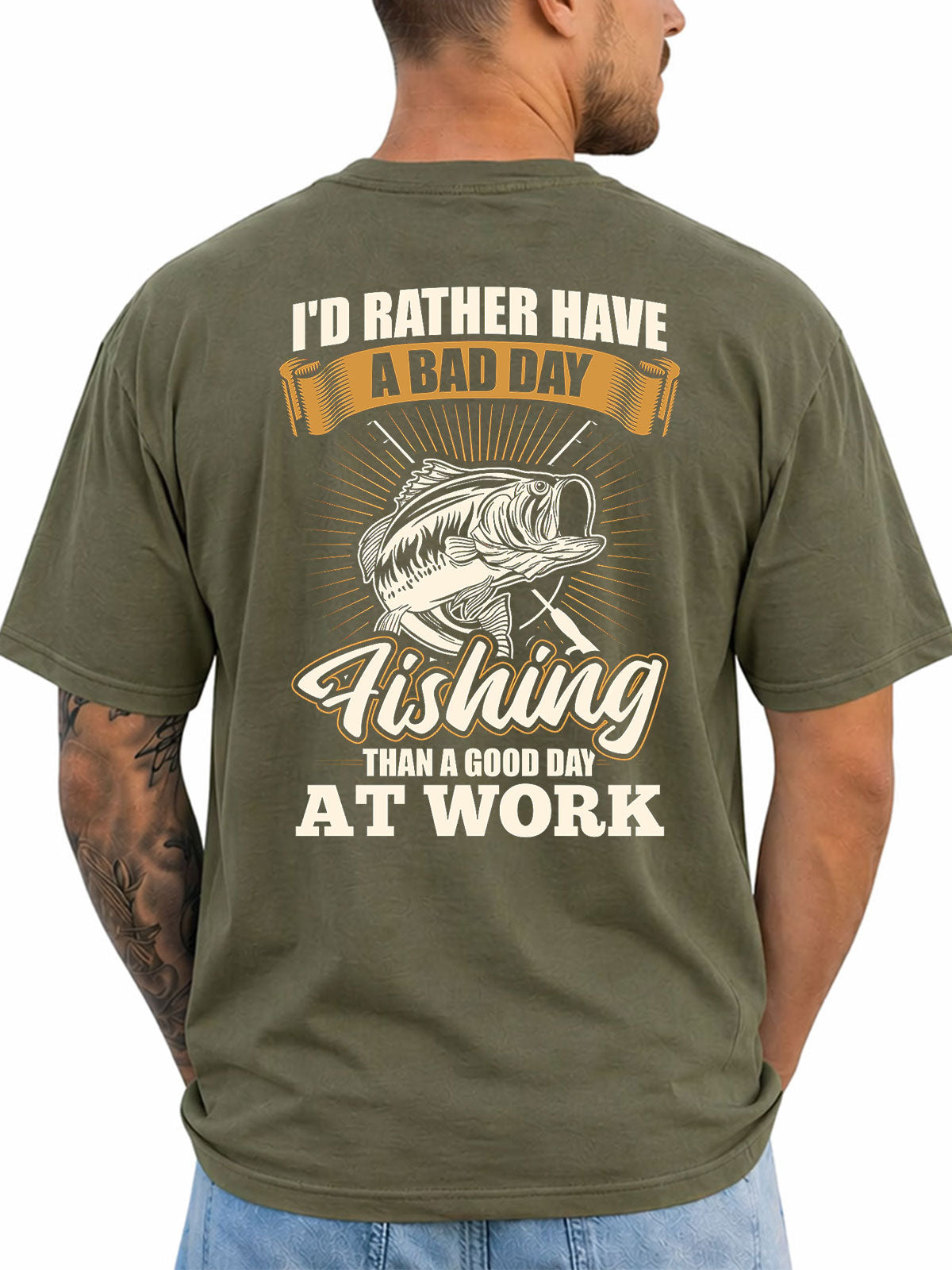 Military Green T-shirt back with vintage bass and bad-day-fishing work joke graphic