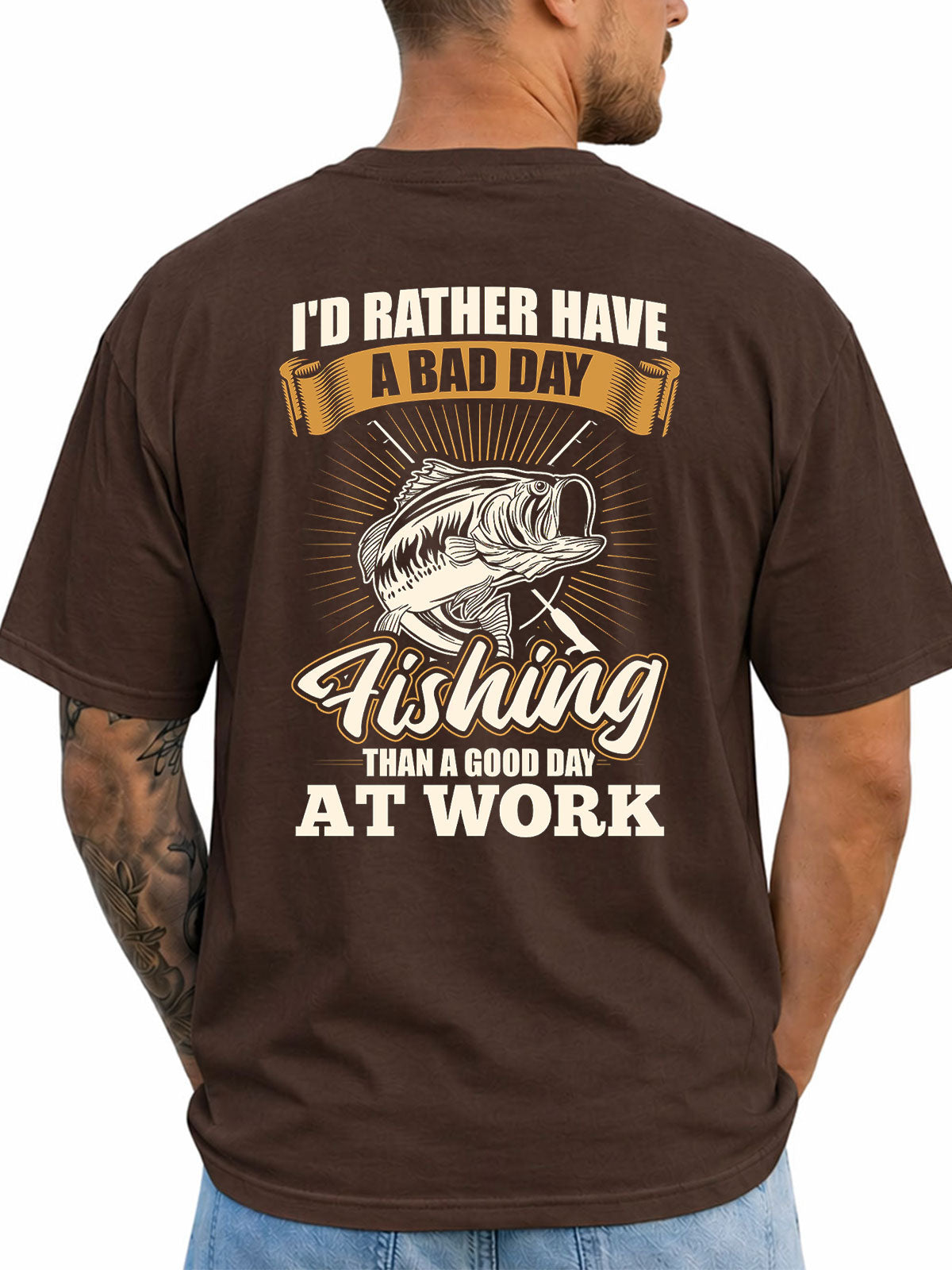 Dark Chocolate T-shirt back with vintage bass and bad-day-fishing work joke graphic