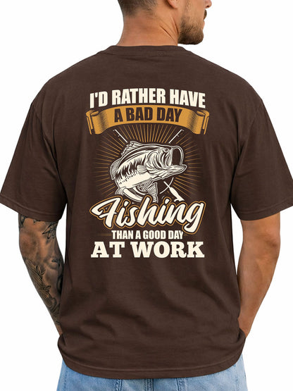 Dark Chocolate T-shirt back with vintage bass and bad-day-fishing work joke graphic