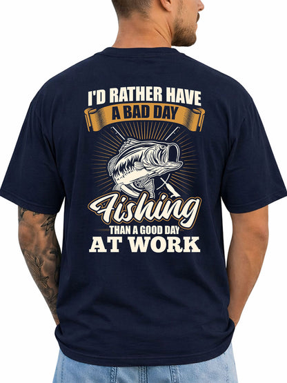 Navy T-shirt back with vintage bass and bad-day-fishing work joke graphic
