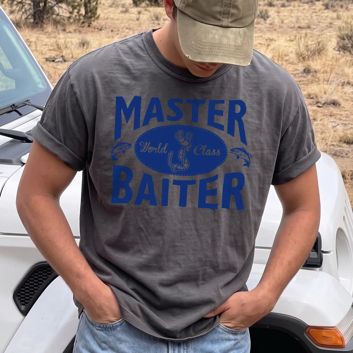 Bait Master Blue T-Shirt Men model in Pepper
