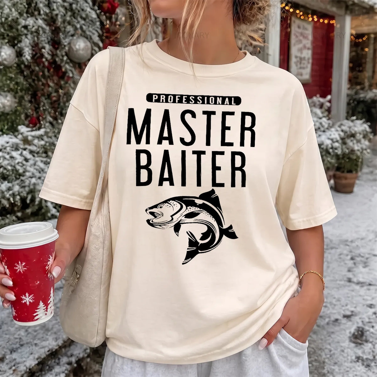 Bait Master Fishing T-Shirt Women model in Ivory