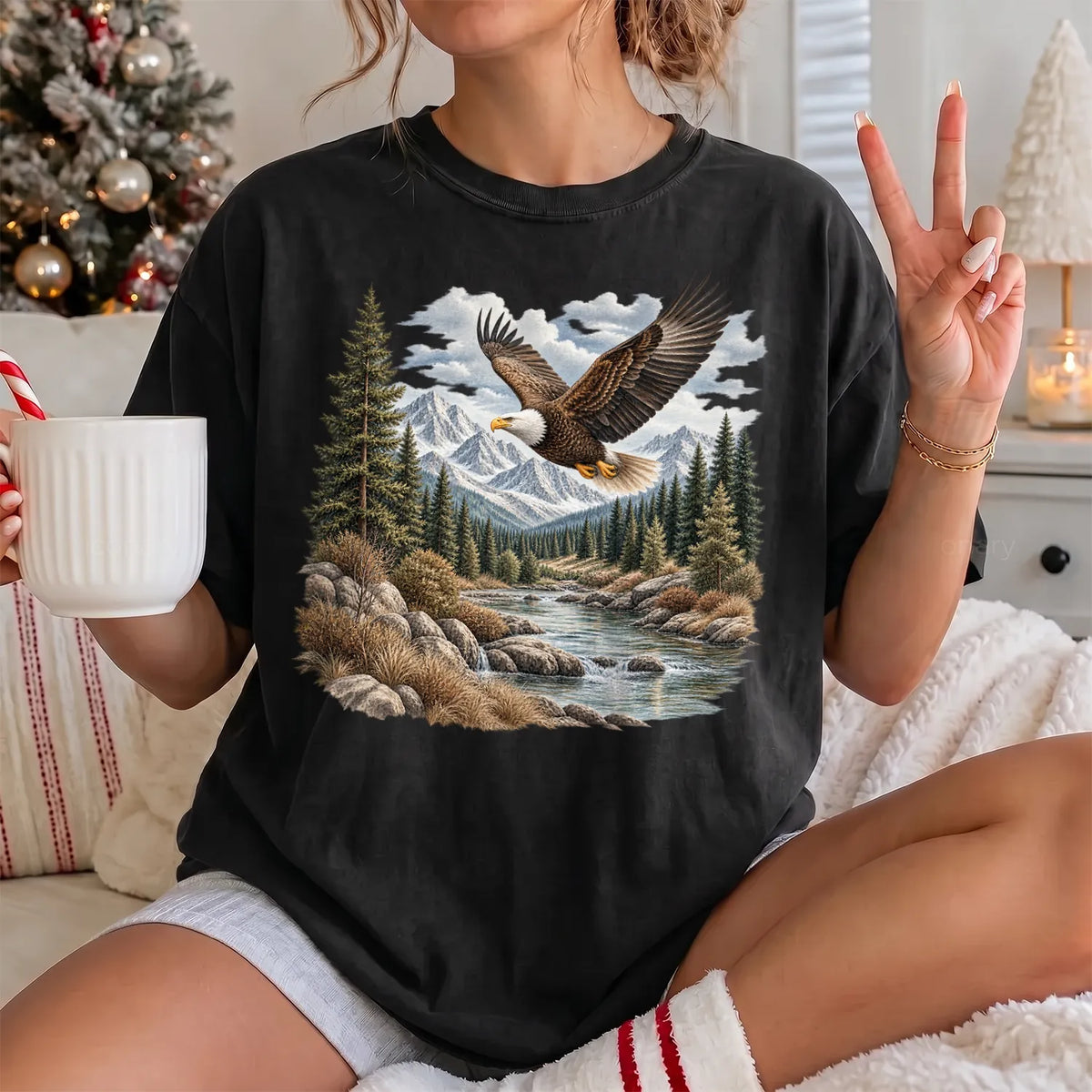 Bald Eagle River T-Shirt Women model in Black