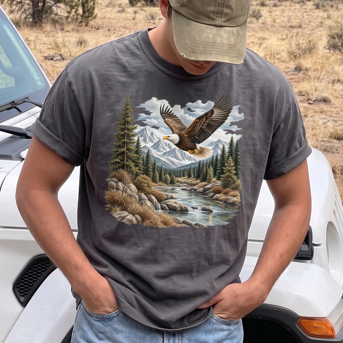 Bald Eagle River T-Shirt Men model in Pepper
