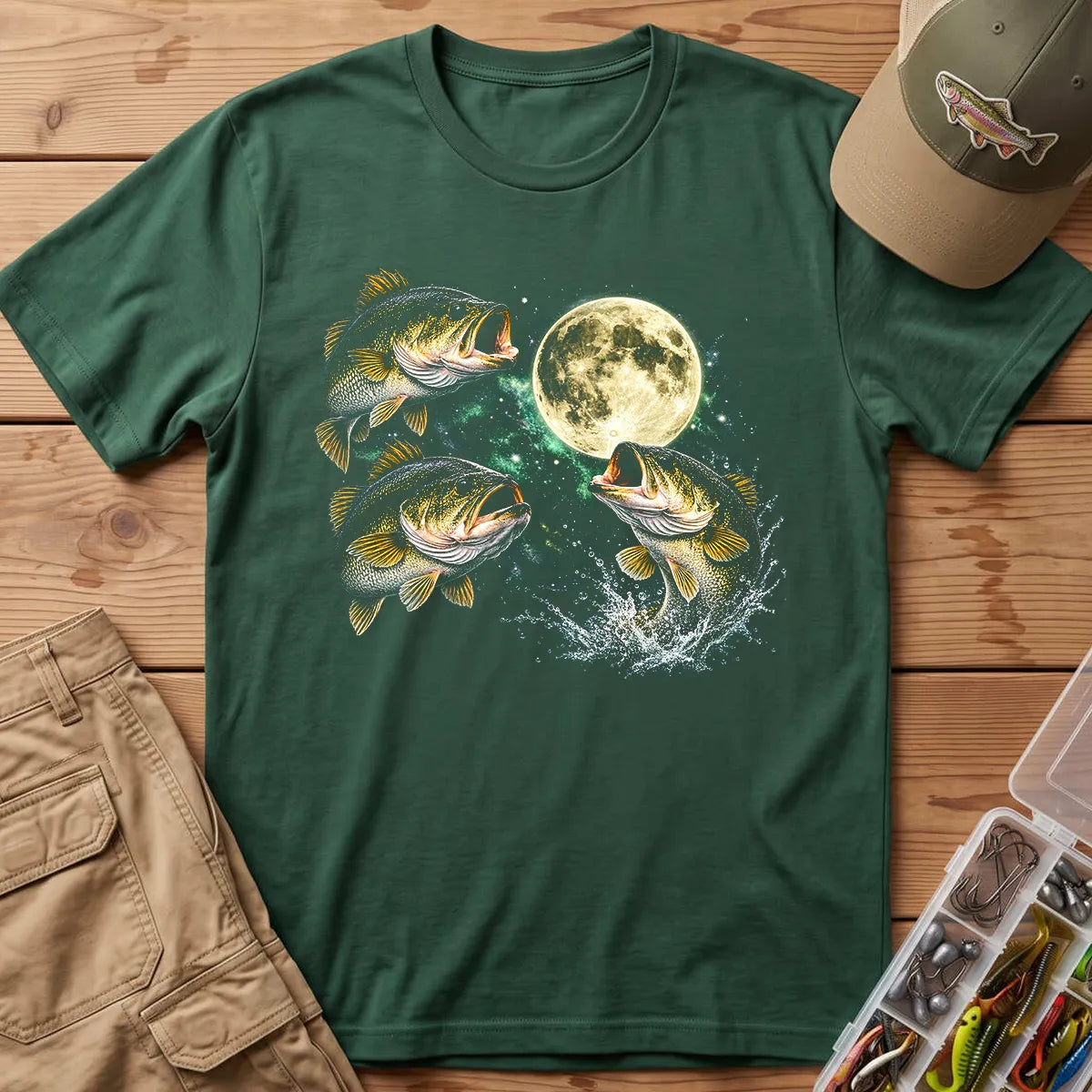 Bass Fish Moon T-Shirt in Forest Green