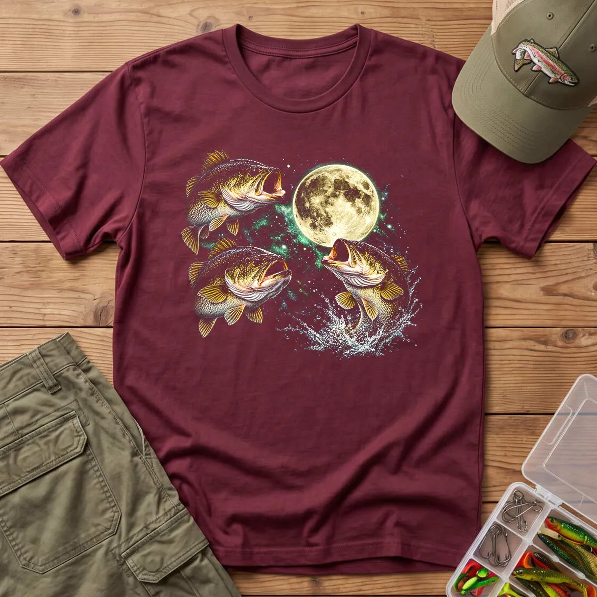 Bass Fish Moon T-Shirt in Maroon