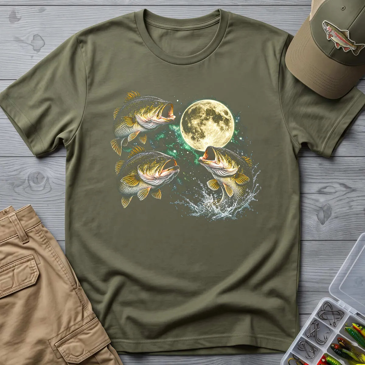 Bass Fish Moon T-Shirt in Military Green
