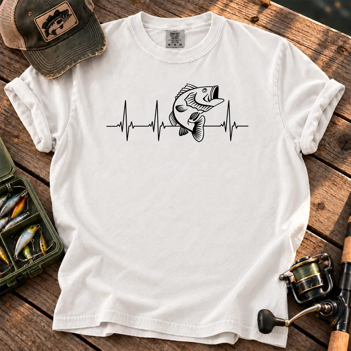 Bass Fishing Heartbeat T-Shirt in White