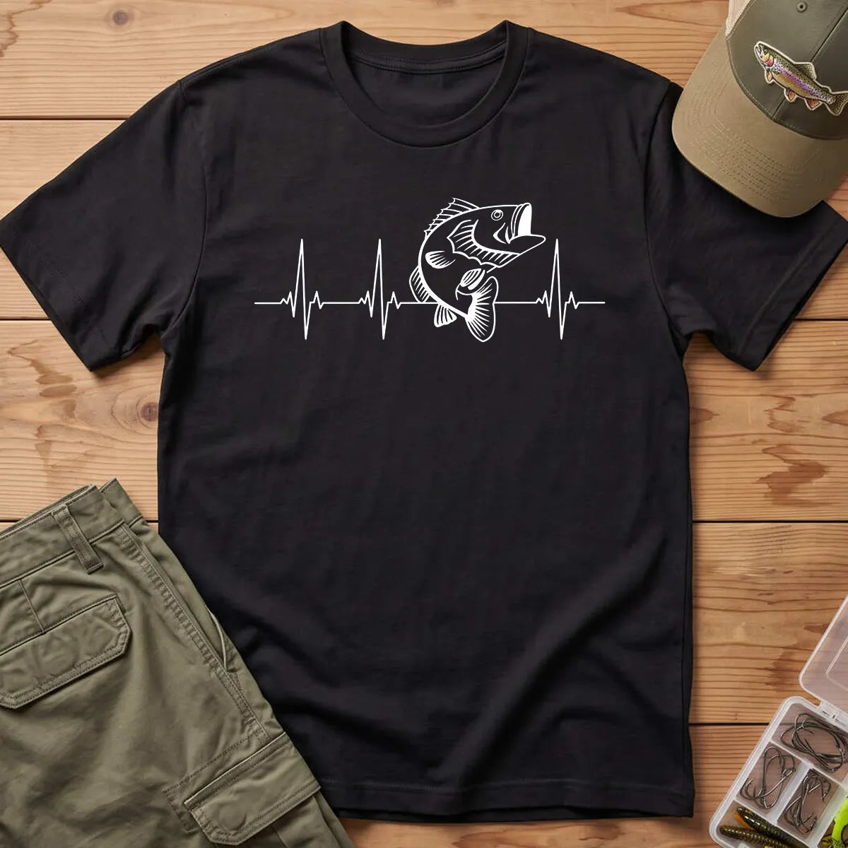 Bass Fishing Heartbeat T-Shirt in Black