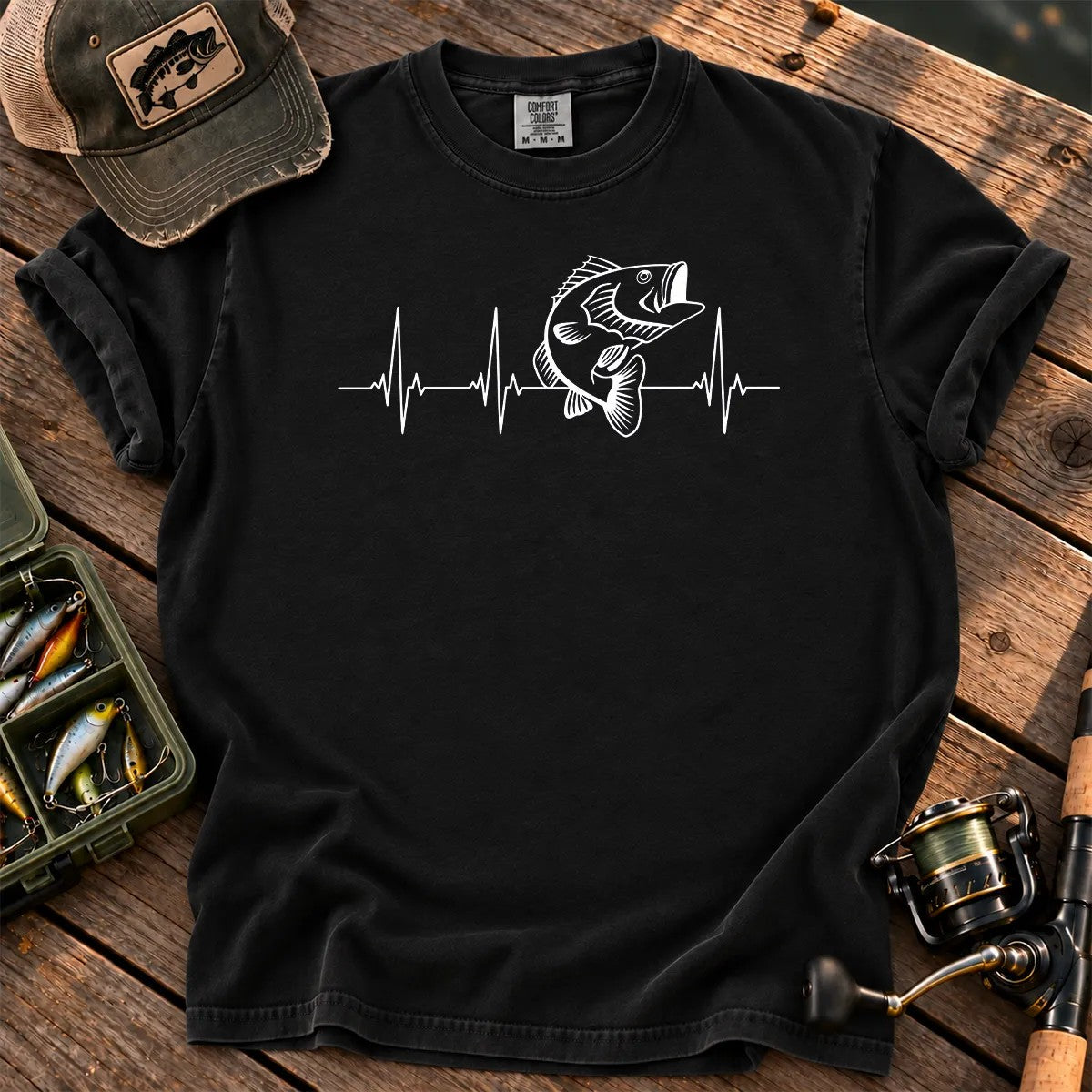 Bass Fishing Heartbeat T-Shirt in Black