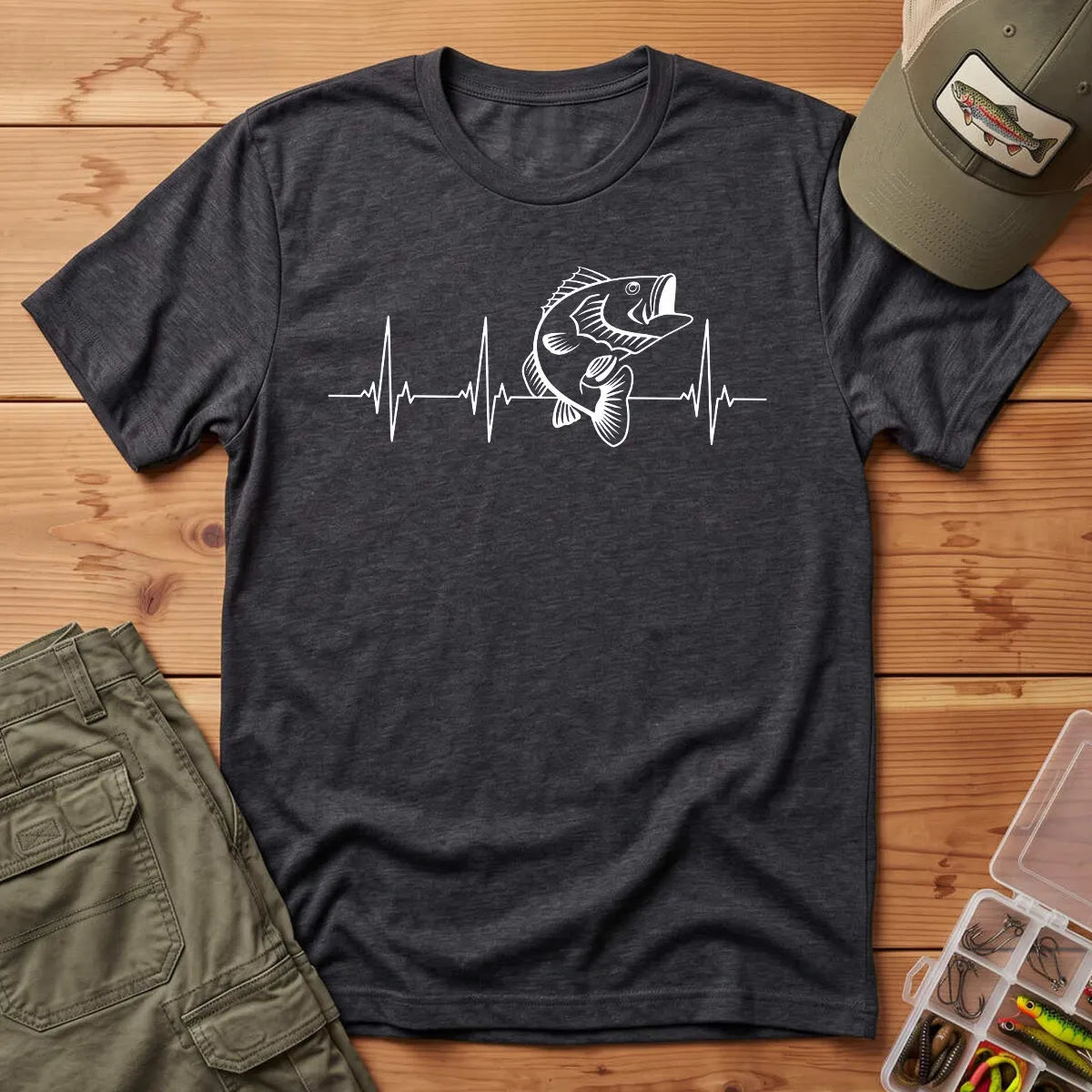 Bass Fishing Heartbeat T-Shirt in Dark Heather