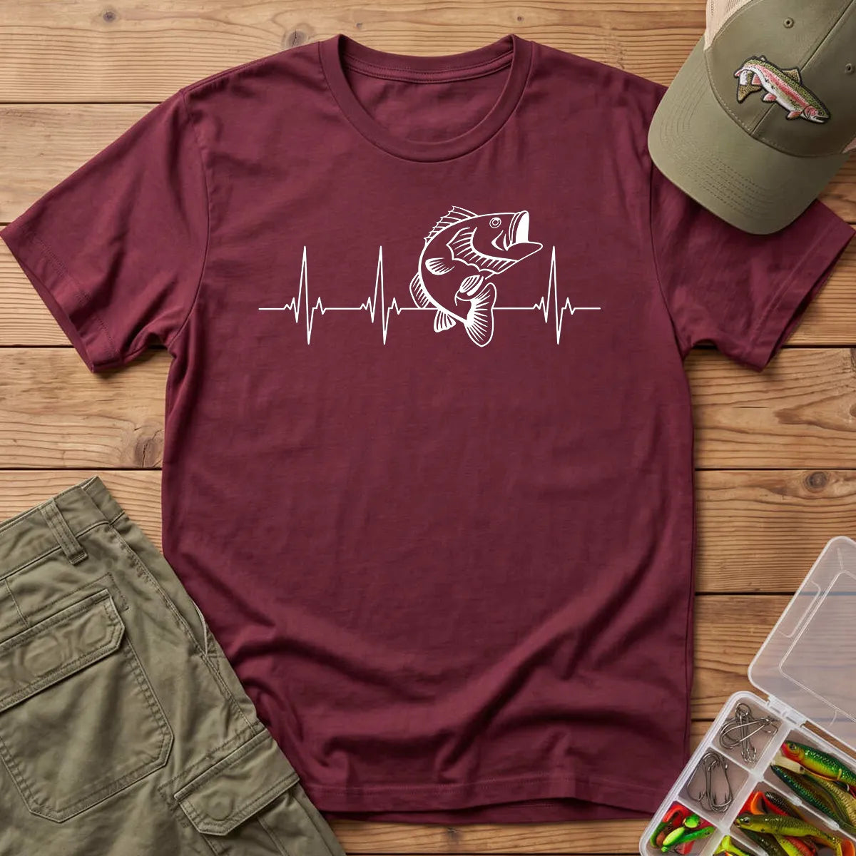 Bass Fishing Heartbeat T-Shirt in Maroon