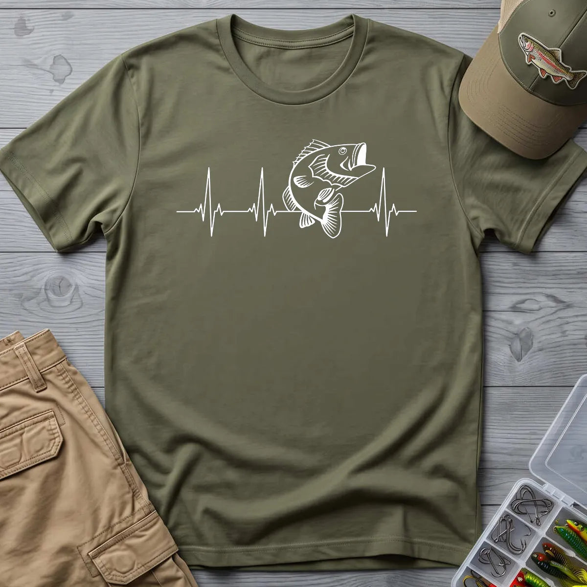 Bass Fishing Heartbeat T-Shirt in Military Green