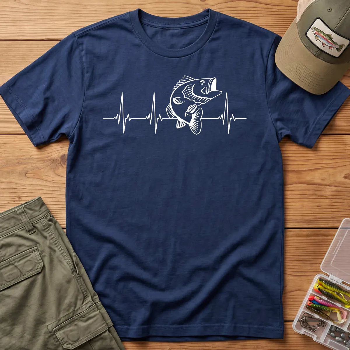 Bass Fishing Heartbeat T-Shirt in Navy