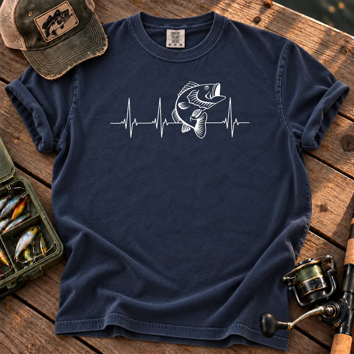 Bass Fishing Heartbeat T-Shirt in True Navy