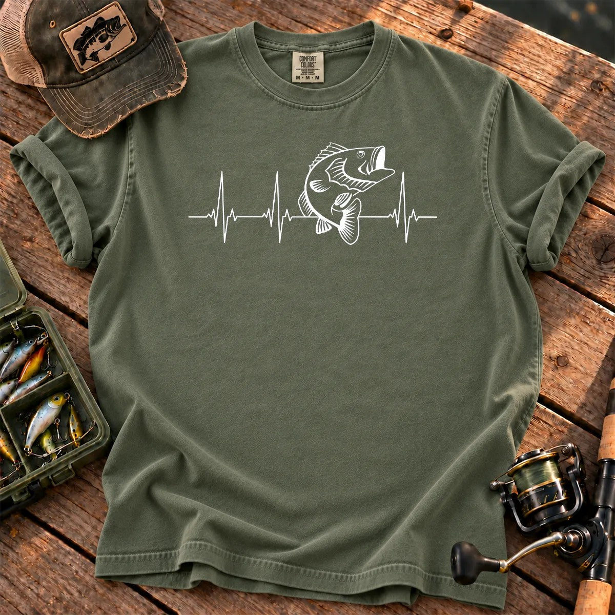 Bass Fishing Heartbeat T-Shirt in Moss