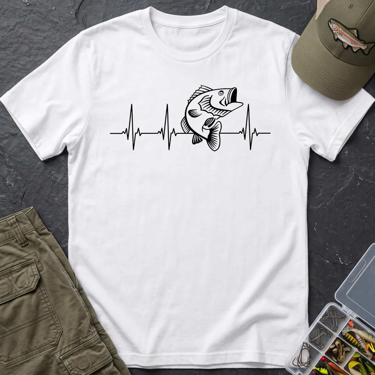 Bass Fishing Heartbeat T-Shirt in White