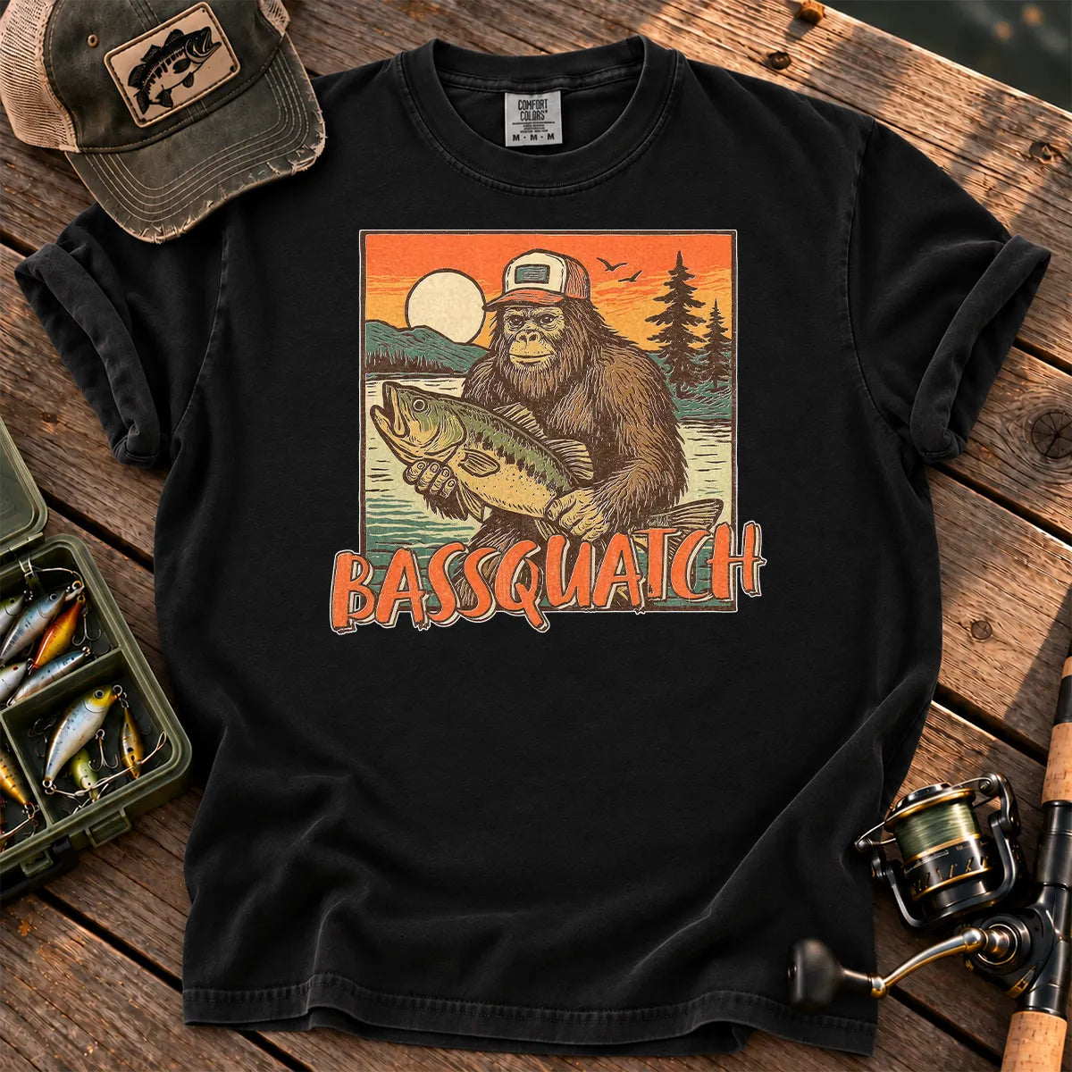 Bassquatch Bigfoot Fishing T-Shirt in Black