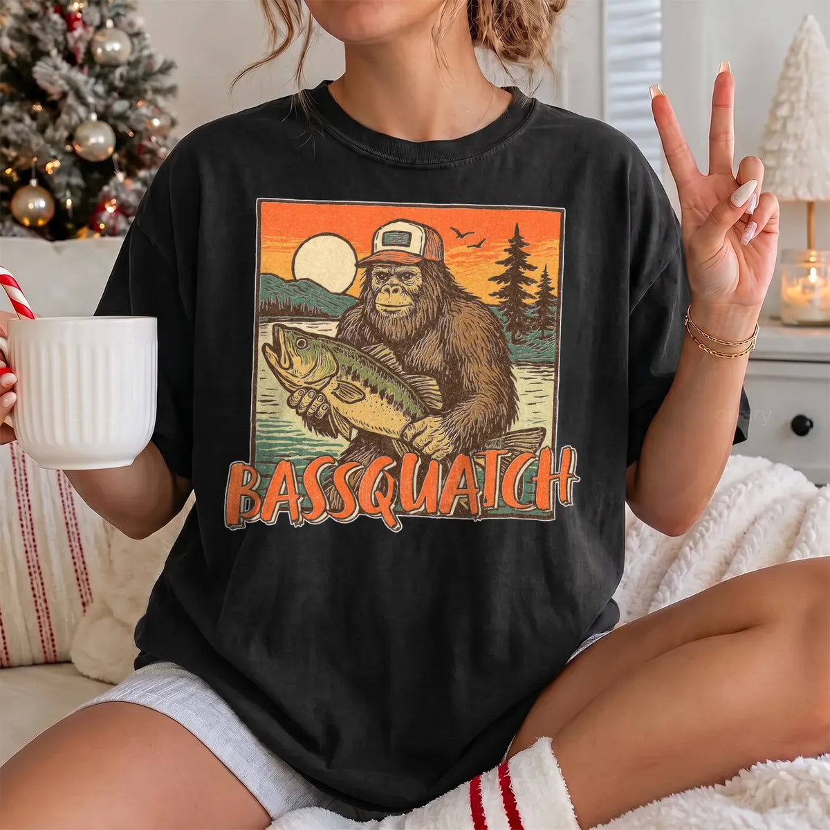 Bassquatch Bigfoot Fishing T-Shirt Women model in Black