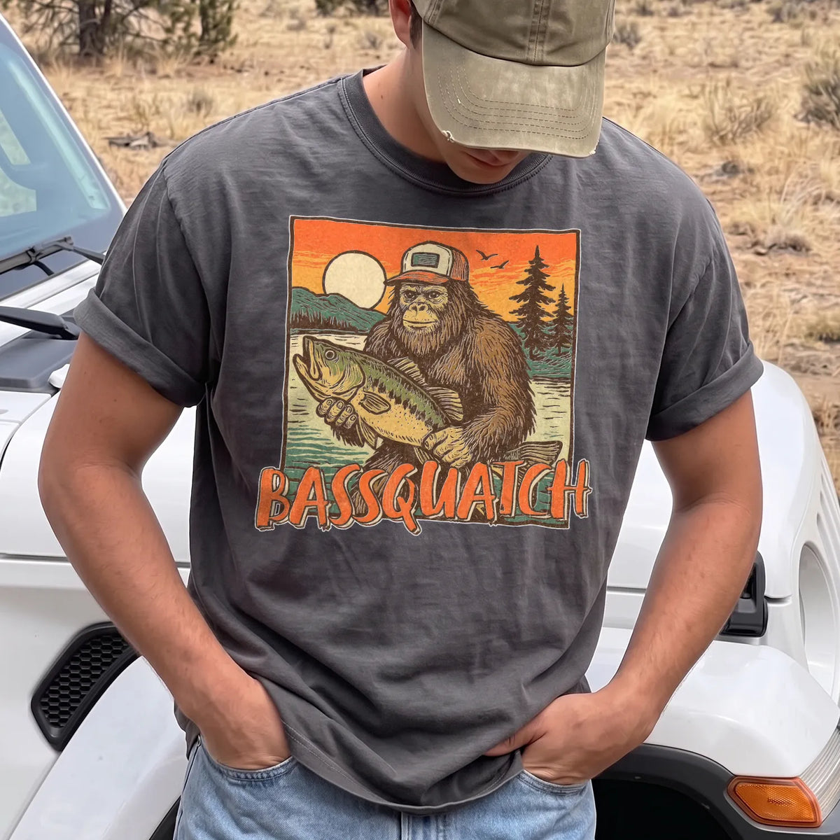 Bassquatch Bigfoot Fishing T-Shirt Men model in Pepper