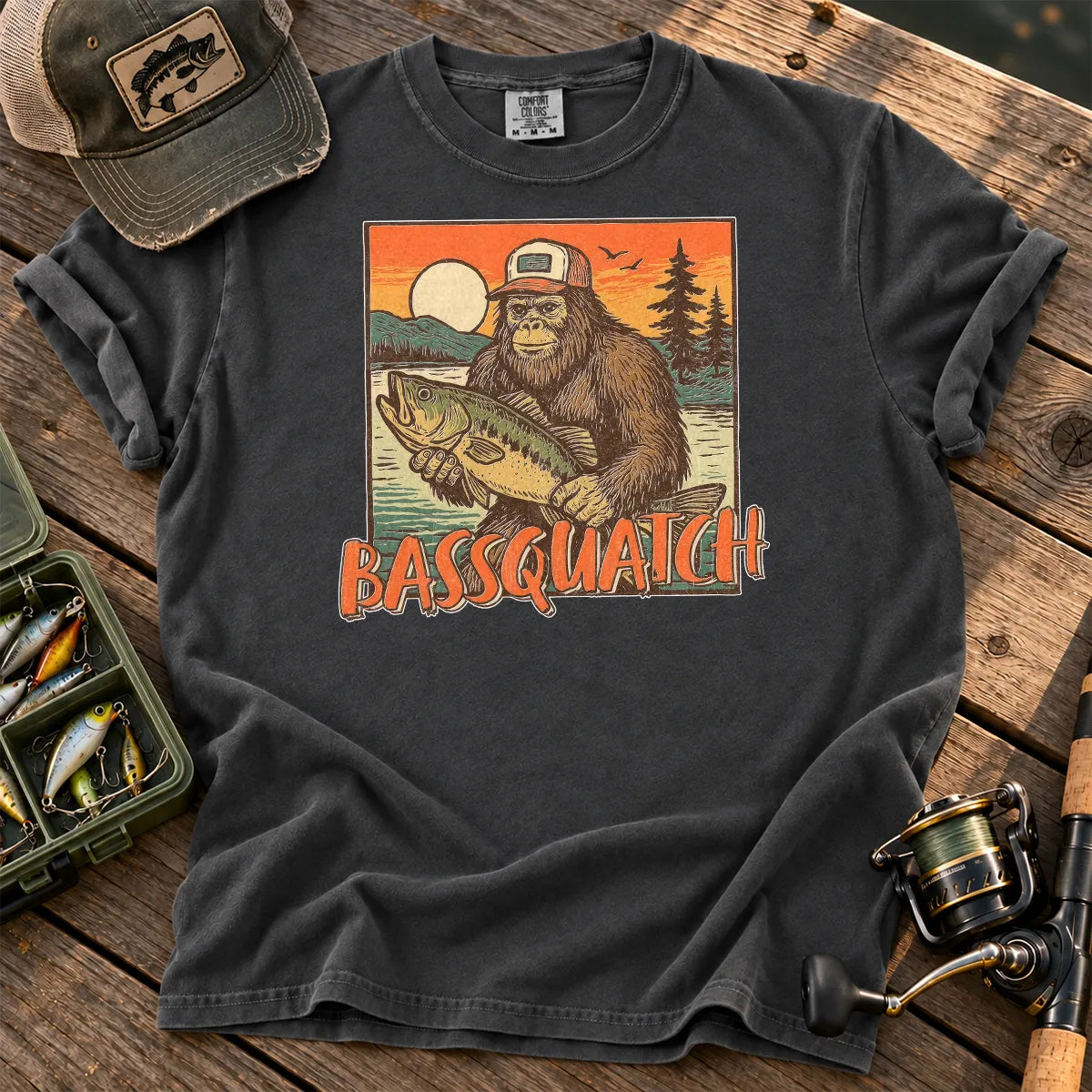 Bassquatch Bigfoot Fishing T-Shirt in Pepper