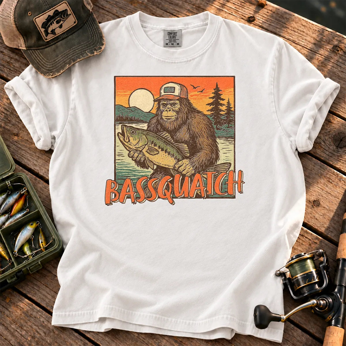 Bassquatch Bigfoot Fishing T-Shirt in White