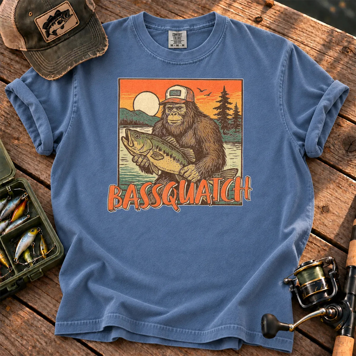 Bassquatch Bigfoot Fishing T-Shirt in Blue Jean