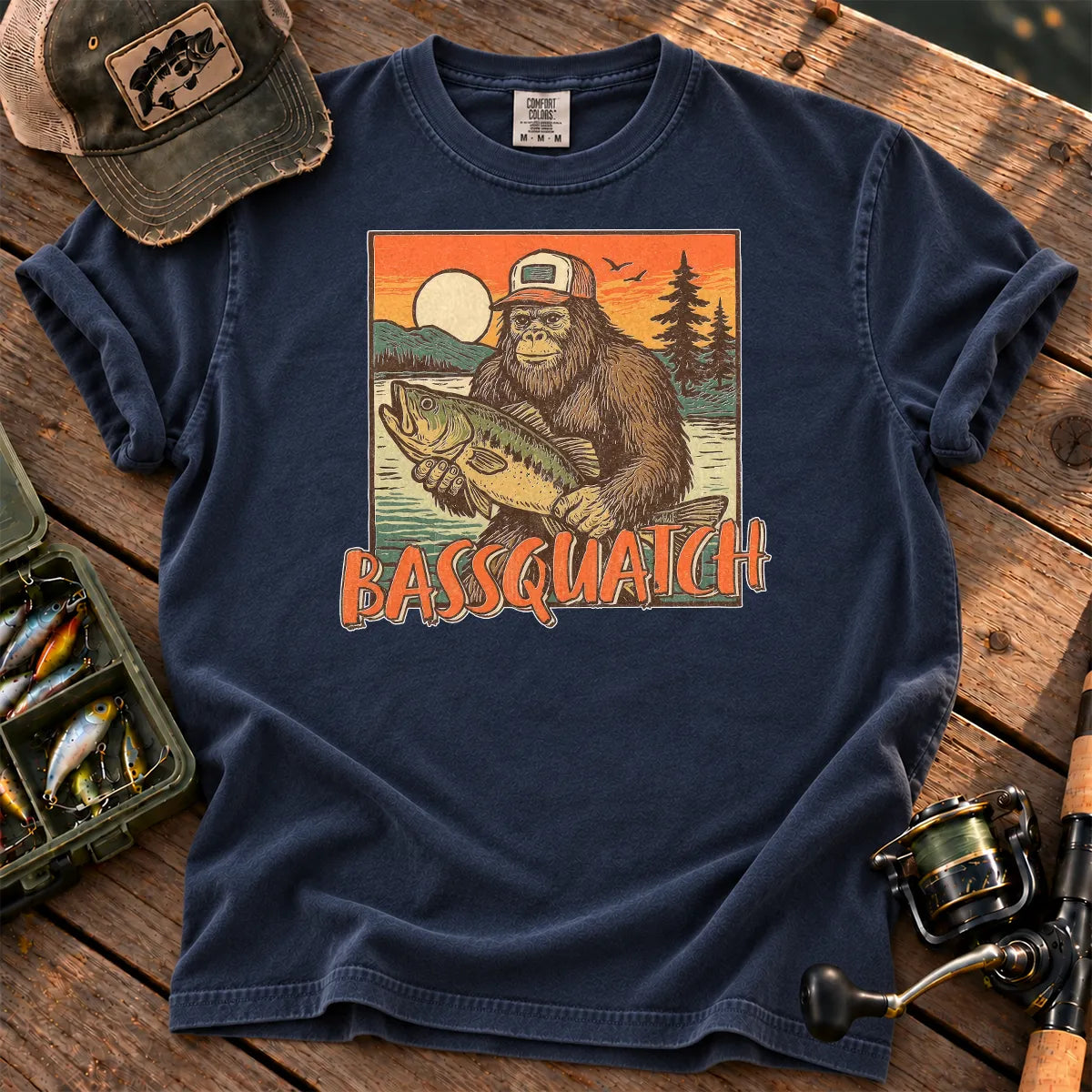 Bassquatch Bigfoot Fishing T-Shirt in True Navy