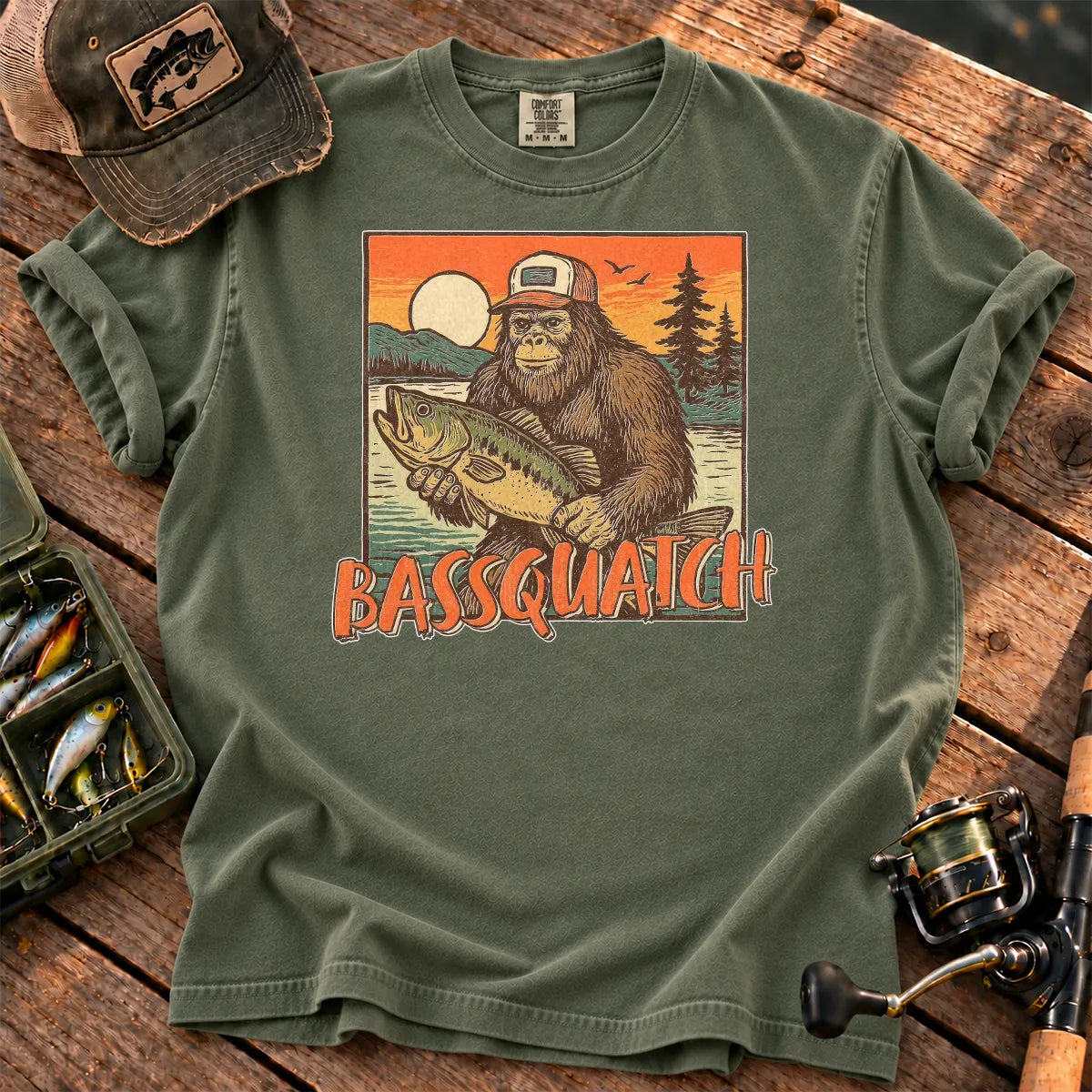 Bassquatch Bigfoot Fishing T-Shirt in Moss