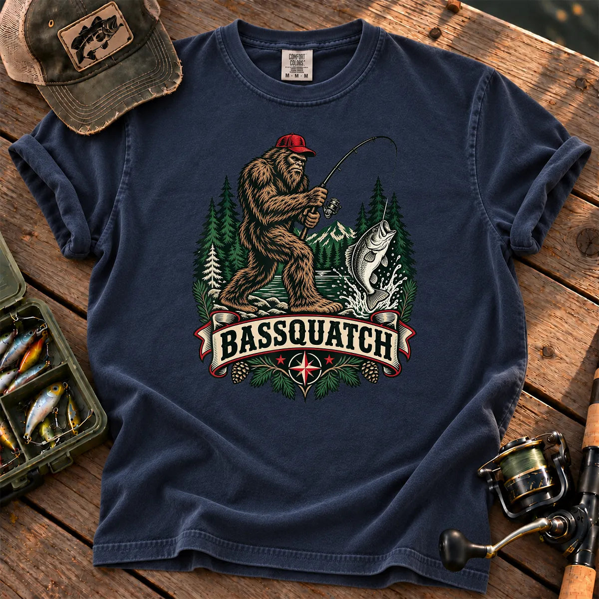 Bassquatch Fishing T-Shirt in True Navy